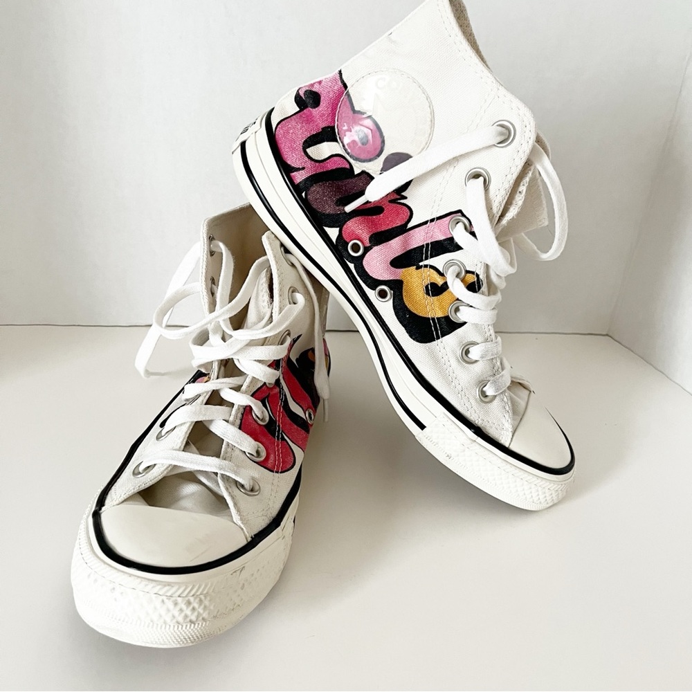 Women’s LE Converse Girls Unite in Red, Pink, Gold White High-Tops, Floral Tread